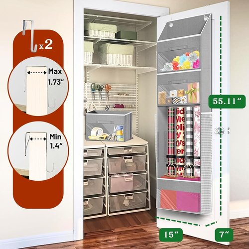Light Grey Over Door Wrapping Paper Organizer by [Brand Name] - 3 Removable Drawers & Side Pockets for Ribbons, Bows, and More