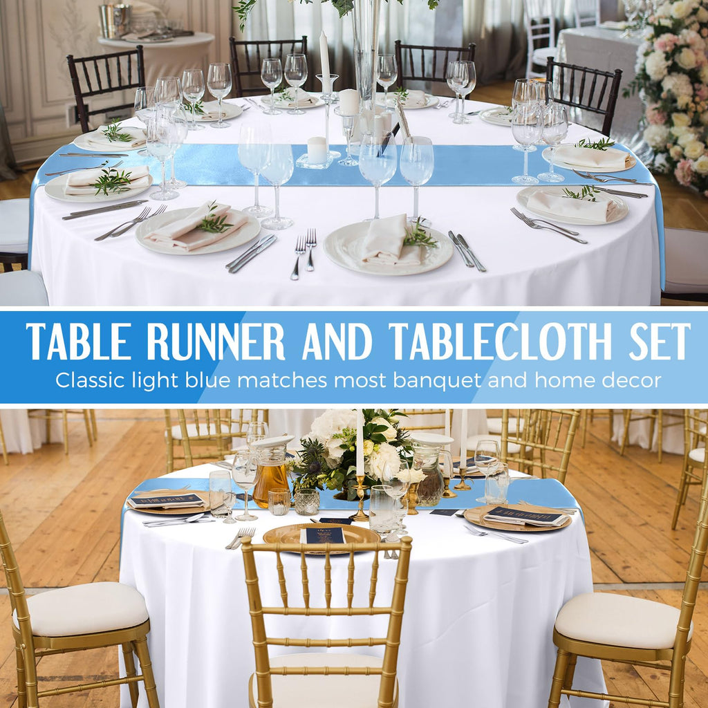 Tudomro 16 Pcs White and Light Blue Round Plastic Tablecloth and Satin Table Runner Set 84 Inch Round Covers 12 x 108 Inch Table Runners for Christmas Wedding Birthday Party Baby Shower