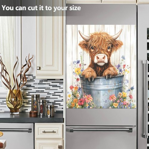 Dishwasher Magnet Cover Front Door Cute Happy Highland Cow with Flowers Decorative Refrigerator Covers Magnetic Sheet Sticker Wash Machine Fridge Panel Decal for Kitchen Appliance 23x26 in