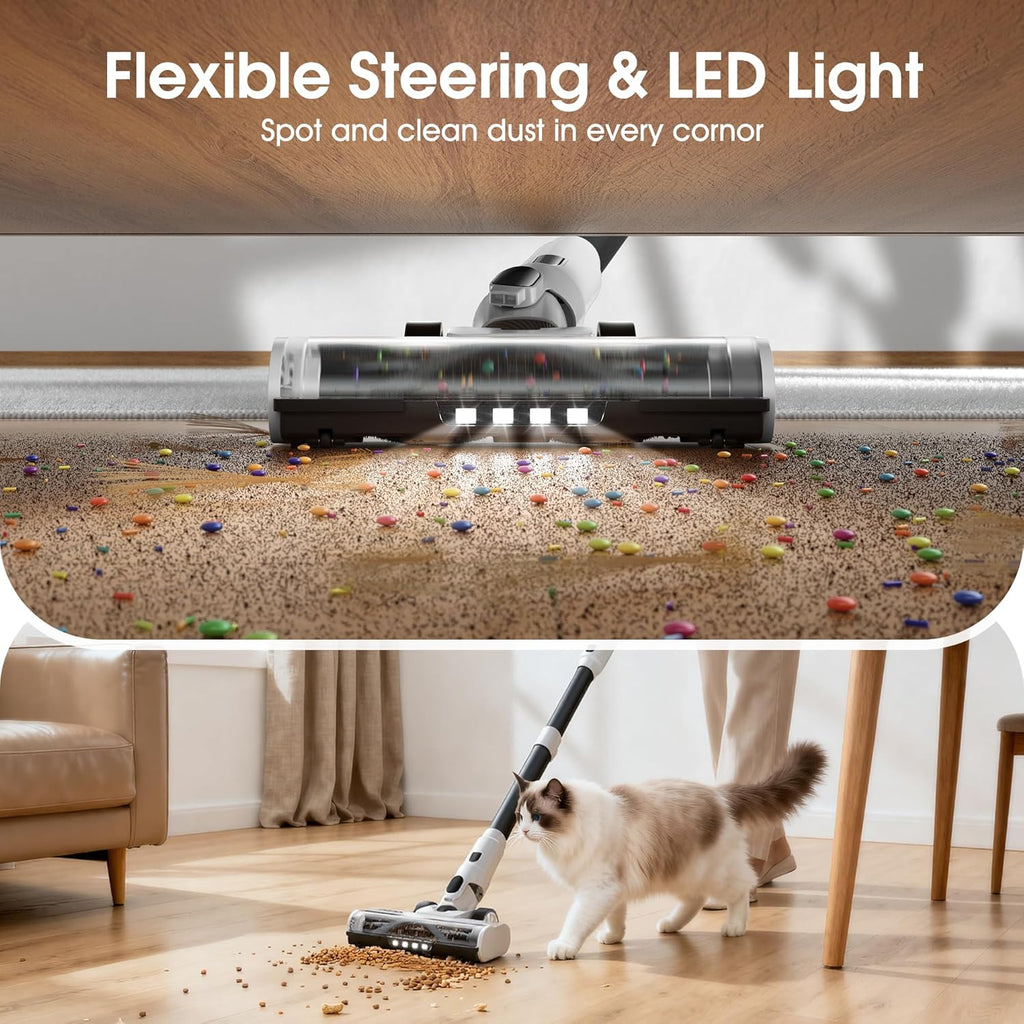 Skiennix Cordless Vacuum Cleaner - 600W, 50KPA Suction, 70-Min Runtime, LED Touch Screen, Lightweight, White