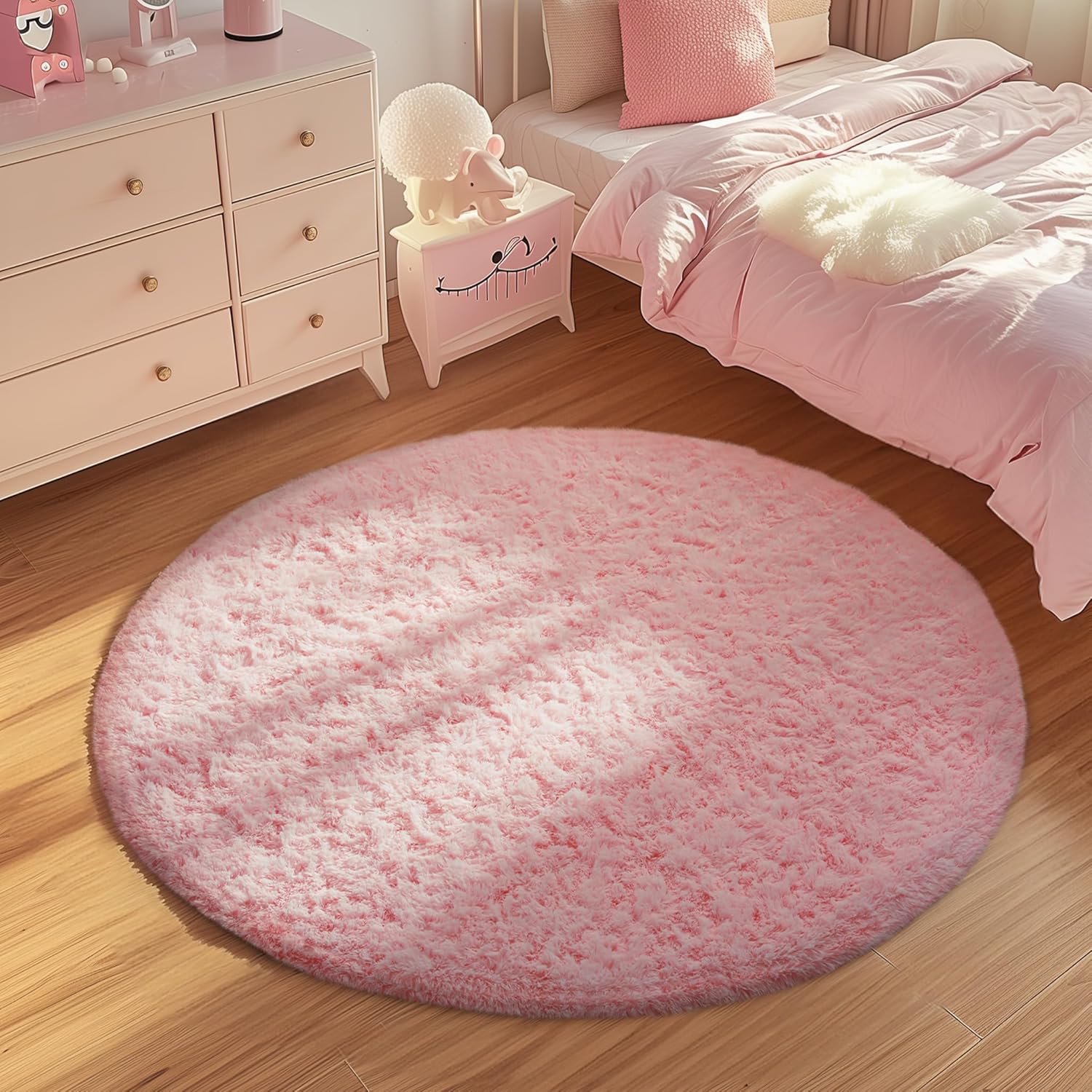 Ophanie Soft Fluffy Shaggy Rug - Pale Pink 4' Round for Bedroom, Living Room & Nursery Decor