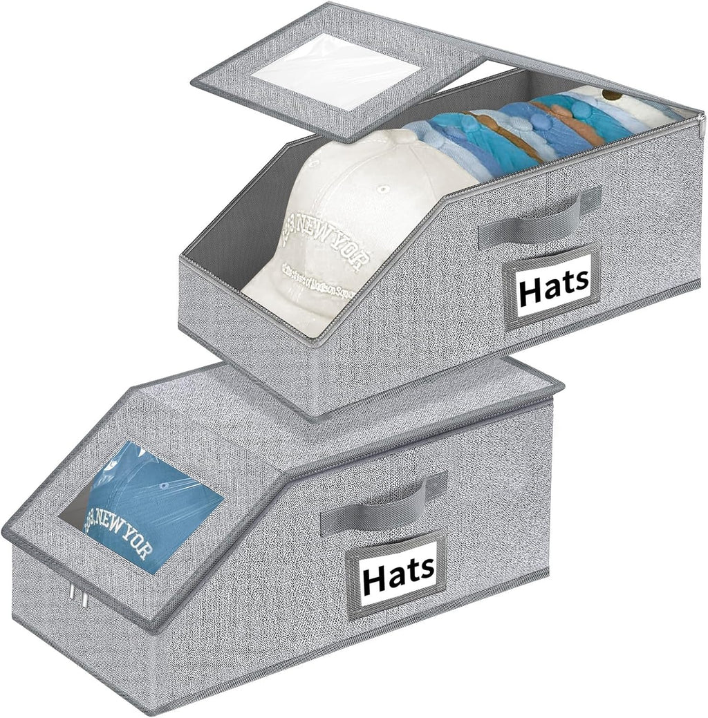 Aokeyee Hat Organizer - 2PCS Stackable Storage with Clear Window Lid & Flip-Top Access | Grey