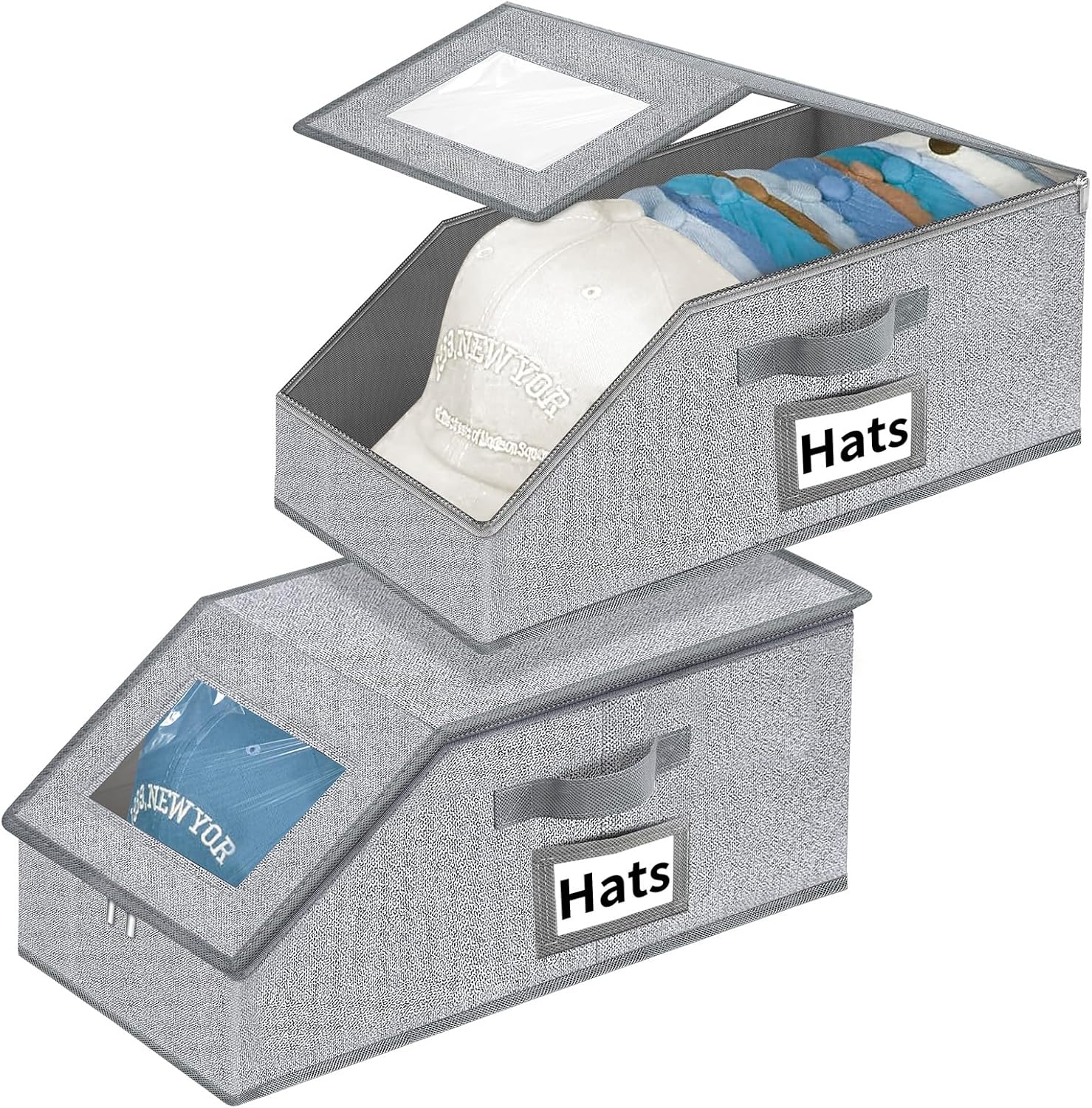 Aokeyee Hat Organizer - 2PCS Stackable Storage with Clear Window Lid & Flip-Top Access | Grey