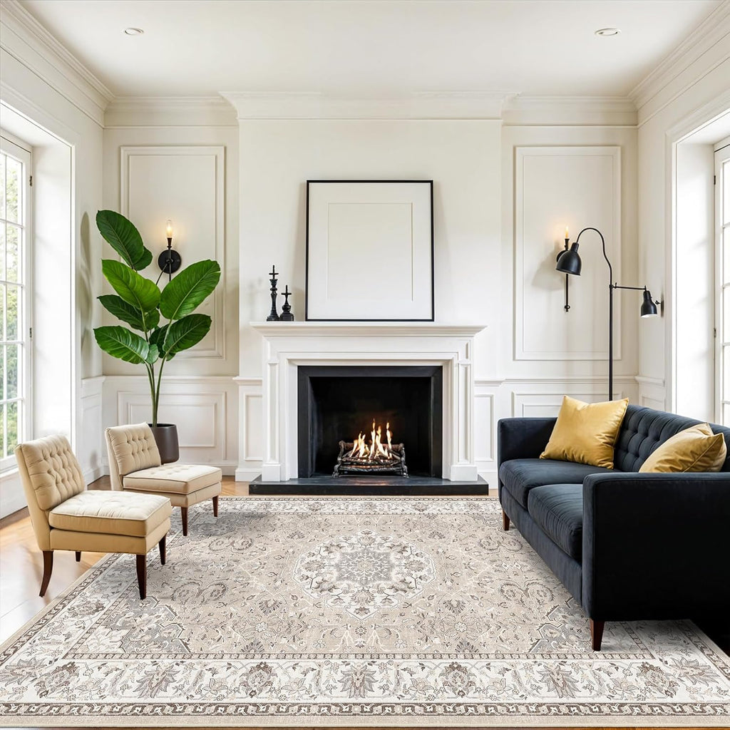 Skiennix 8x10 Living Room Rug - Washable Oriental Stain Resistant Carpet | Ultra Soft Non-Slip Design in Beige