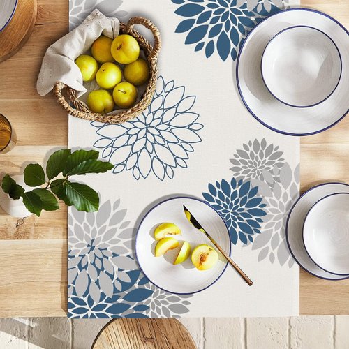 WHOMEAF Blue Gray Table Runner Dahlia Pinnata Flower Beige Table Runners Modern Elegant Pompon Farmhouse Geometric Table Center Decor for Home Dining Party Entrance (13x72 Inch)