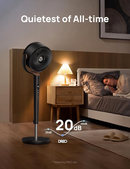 DREO Fan for Bedroom, 120° Oscillating Standing Fan, Quiet Floor Fan with DC Motor, Pedestal Fan for Room, 9 Speeds, 4 modes, 20dB, 120° Manual Vertical, 37-42" Adjustable Height, 9H Timer, Dark Gray
