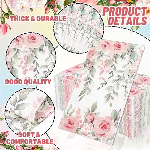 FYSUIMU Floral Guest Napkins - 100 Pcs Greenery Design with Roses & Eucalyptus | Disposable Paper Towels for Events