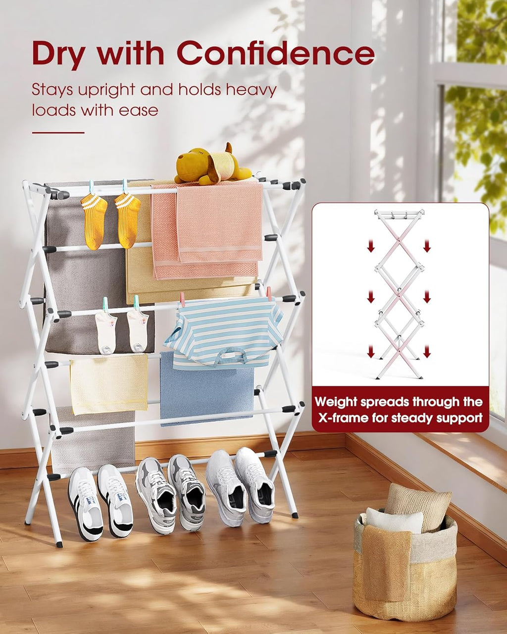 Sakugi Foldable Clothes Drying Rack - 3-Tier Metal Laundry Organizer with Non-Slip Feet, 11.4"D x 29.1"W x 37.4"H, White & Black