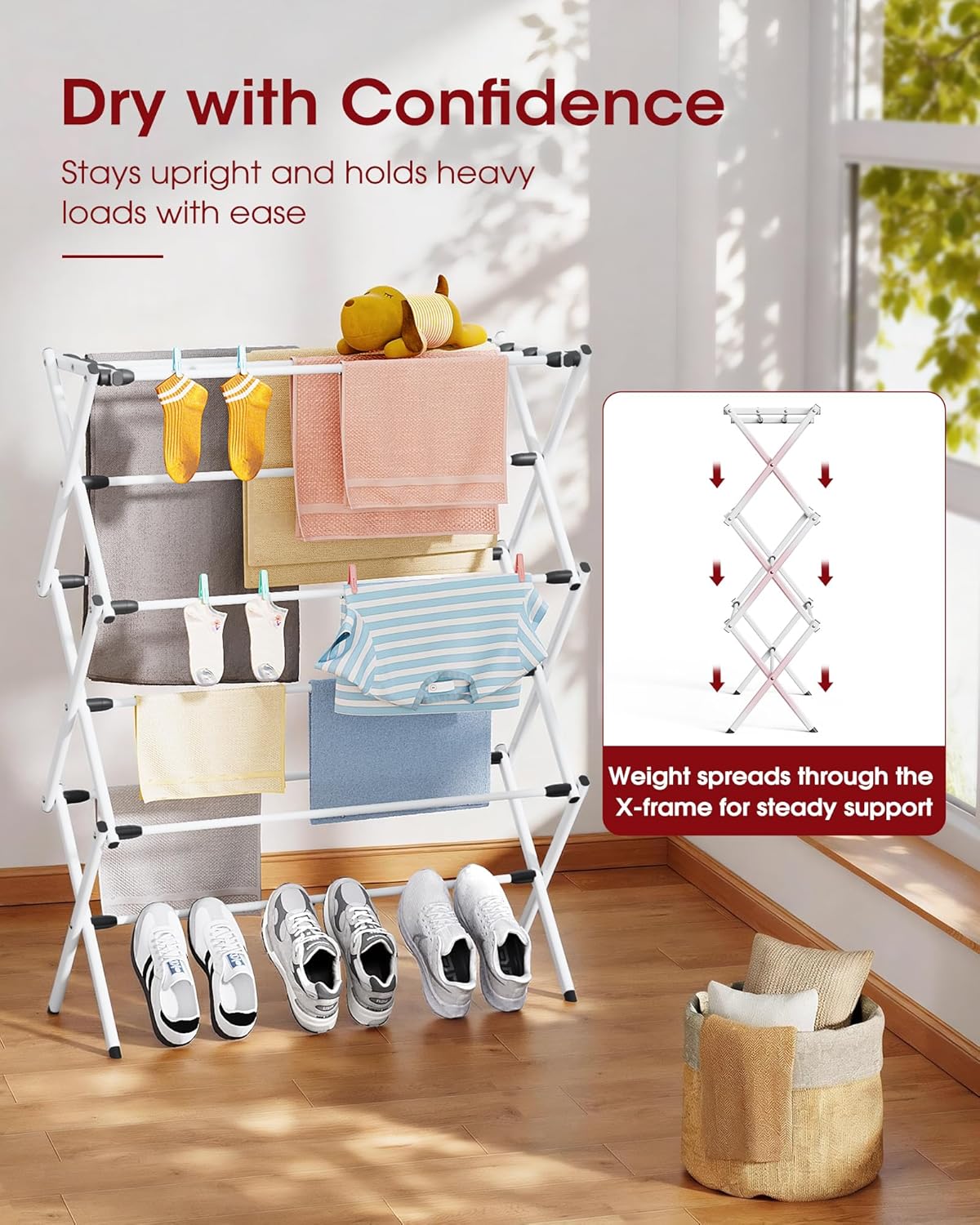 Sakugi Foldable Clothes Drying Rack - 3-Tier Metal Laundry Organizer with Non-Slip Feet, 11.4"D x 29.1"W x 37.4"H, White & Black