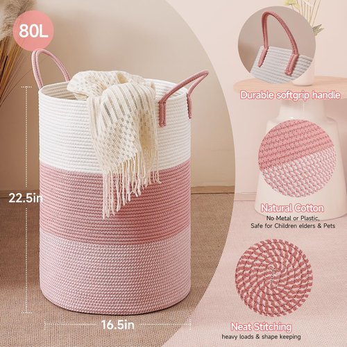 CLHMILY&Z 80L Round Laundry Basket - Stylish Pink Storage Hamper for Blankets, Toys & Nursery Essentials | 16.5x22.5 Inches