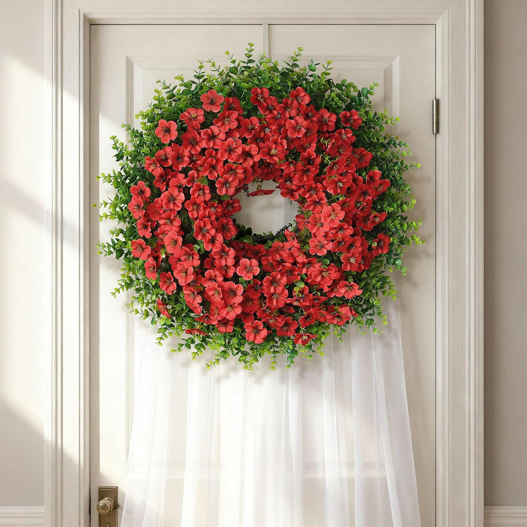 Skiennix 26" Large Artificial Eucalyptus Wreath - Realistic Silk Morning Glory Flowers for Home & Wedding Decor (Red)