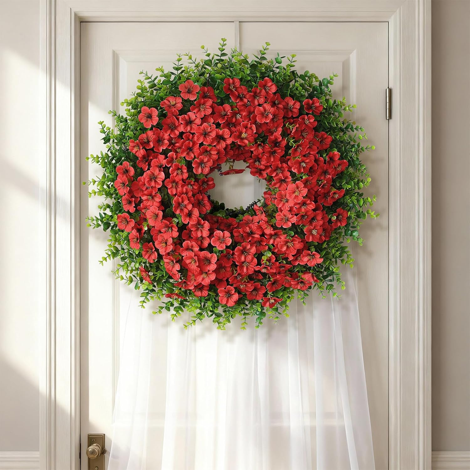 Skiennix 26" Large Artificial Eucalyptus Wreath - Realistic Silk Morning Glory Flowers for Home & Wedding Decor (Red)