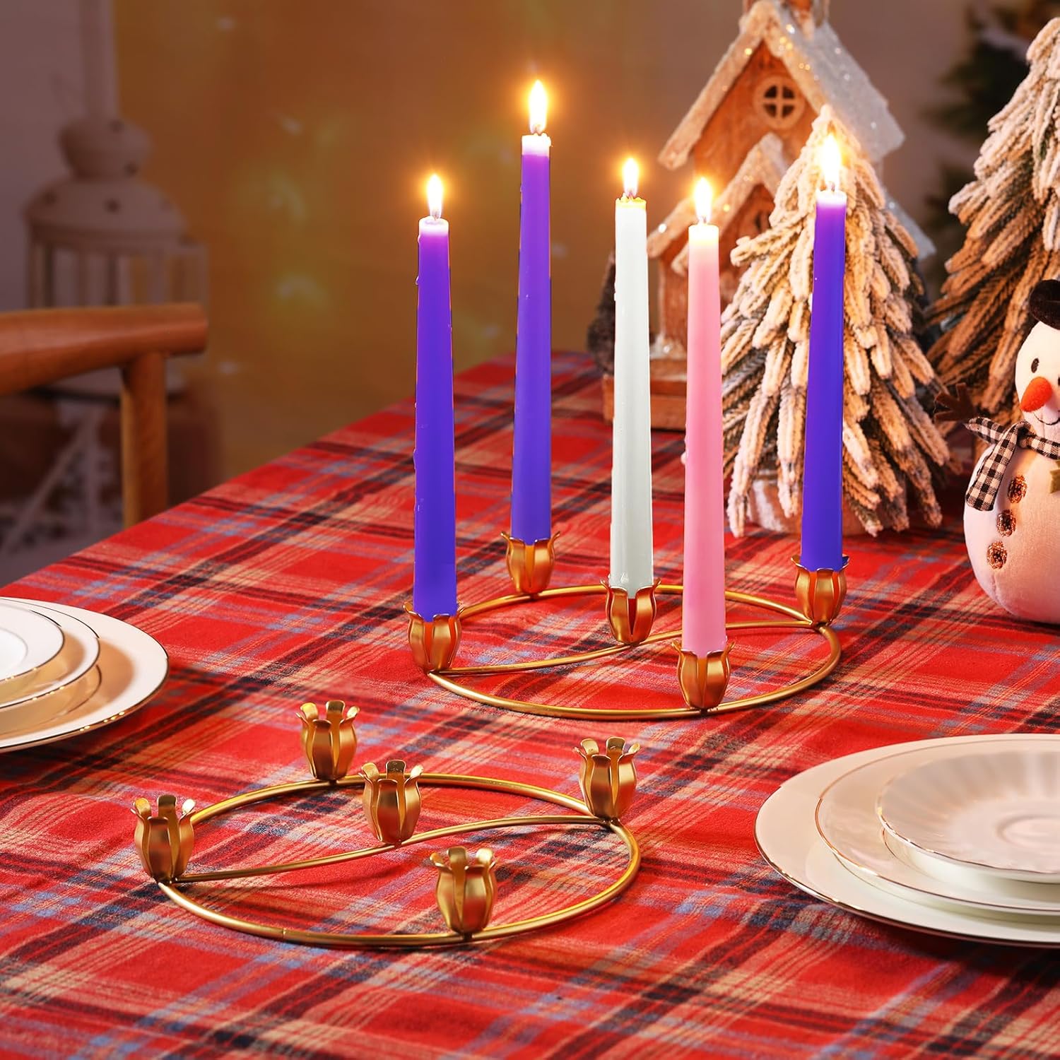 Sliner Christmas Flower Advent Wreath Ring - 5 Candle Holder Taper in Gold | Metal Table Decoration