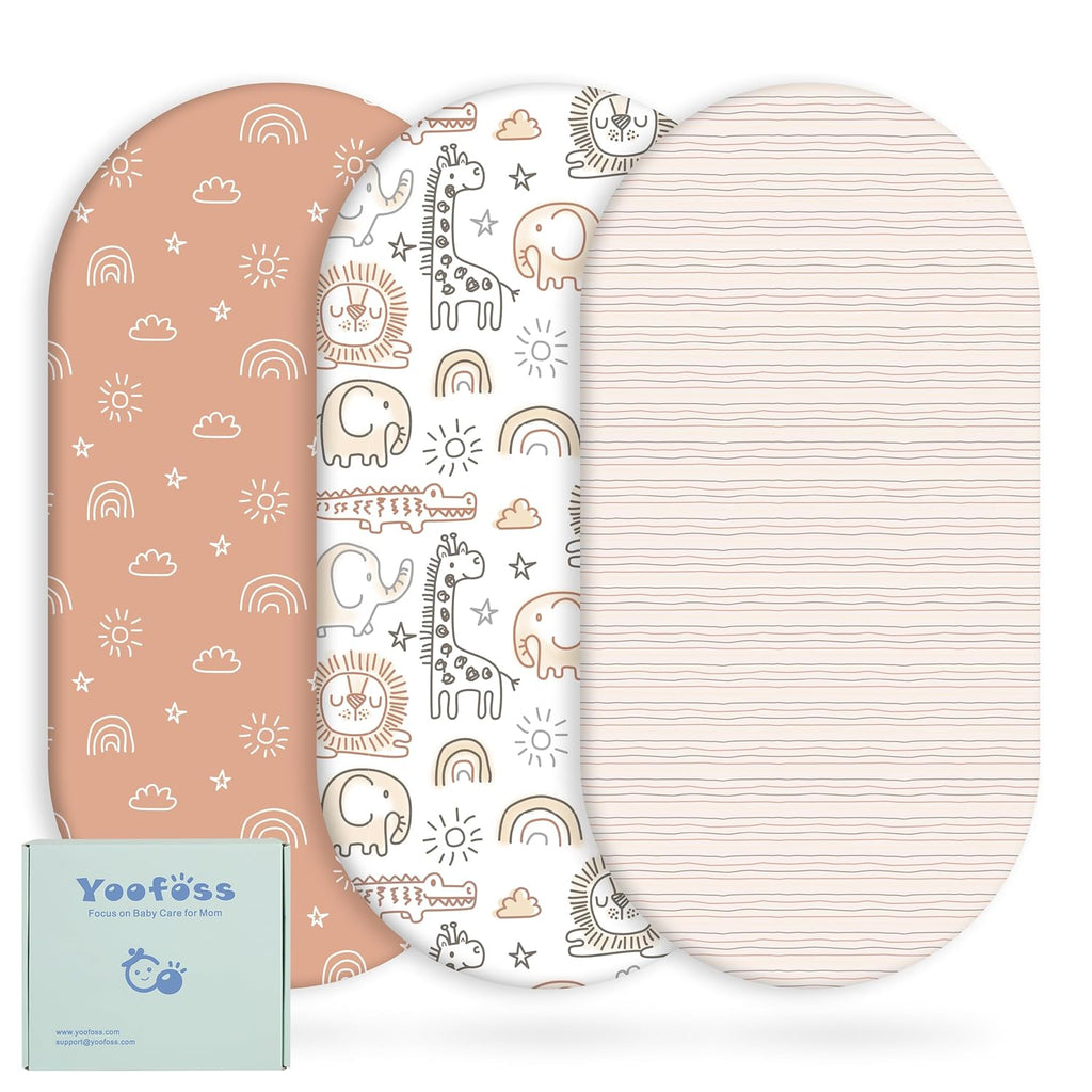 Yoofoss Bassinet Sheets - 3-Pack Fitted Mattress Covers for Halo & Baby Delight | Soft & Breathable (Brown & Animals)