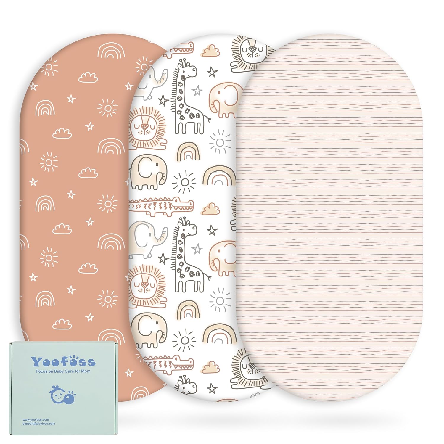 Yoofoss Bassinet Sheets - 3-Pack Fitted Mattress Covers for Halo & Baby Delight | Soft & Breathable (Brown & Animals)