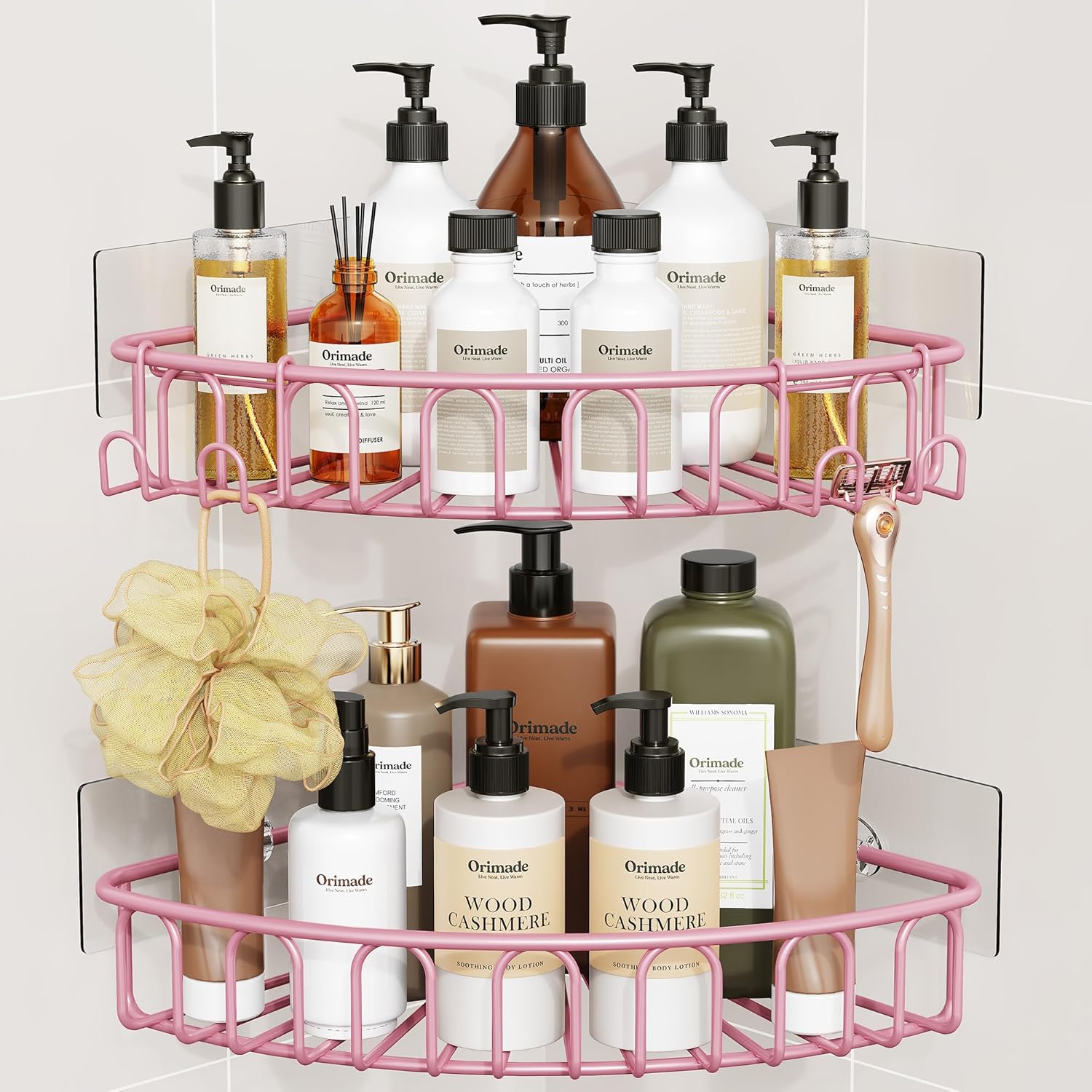 Orimade Corner Shower Caddy - Wall-Mounted Metal Bathroom Organizer with 2 Hooks | Pink, No Drilling, 2-Pack