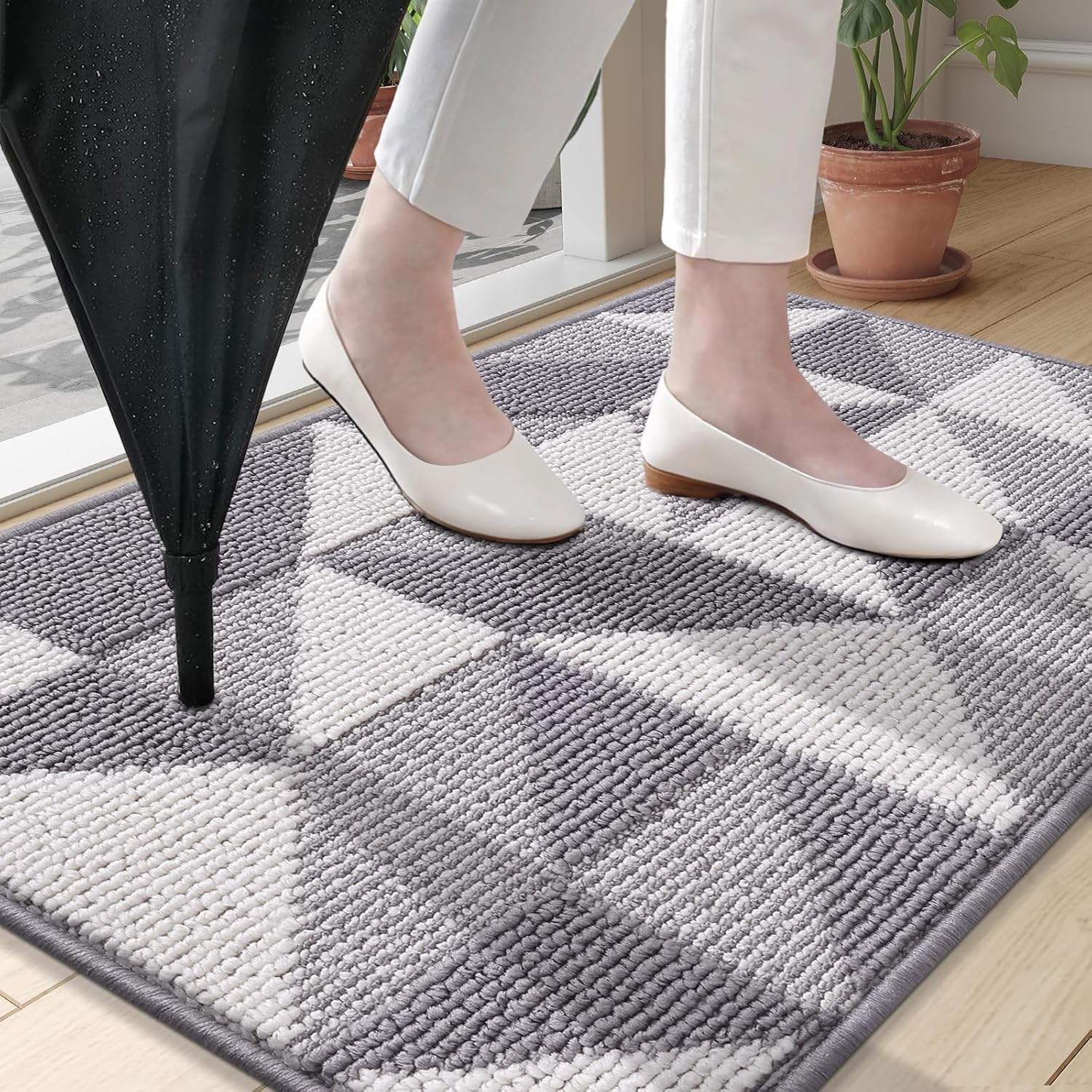 OLANLY Indoor Door Mat - Washable, Low-Profile Geometric Design | 32x20, Odor-Free & Absorbent Grey Entry Carpet