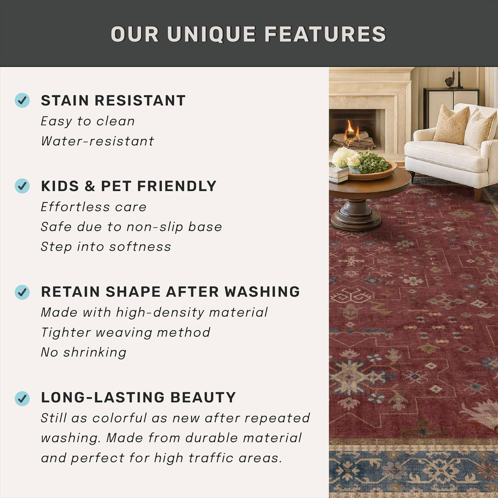 Turkish Kitchen Runner Rugs - Non-Skid Washable Design for Hallway, Bedroom & Bathroom | Dark Red