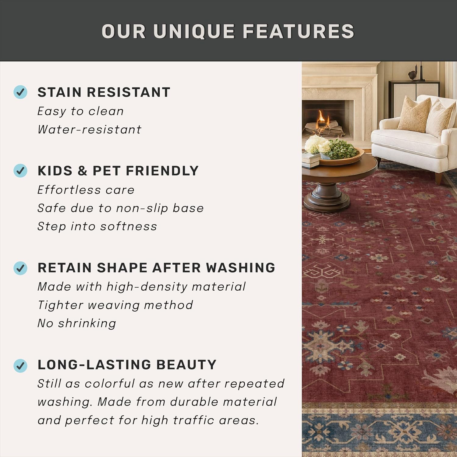 Turkish Kitchen Runner Rugs - Non-Skid Washable Design for Hallway, Bedroom & Bathroom | Dark Red