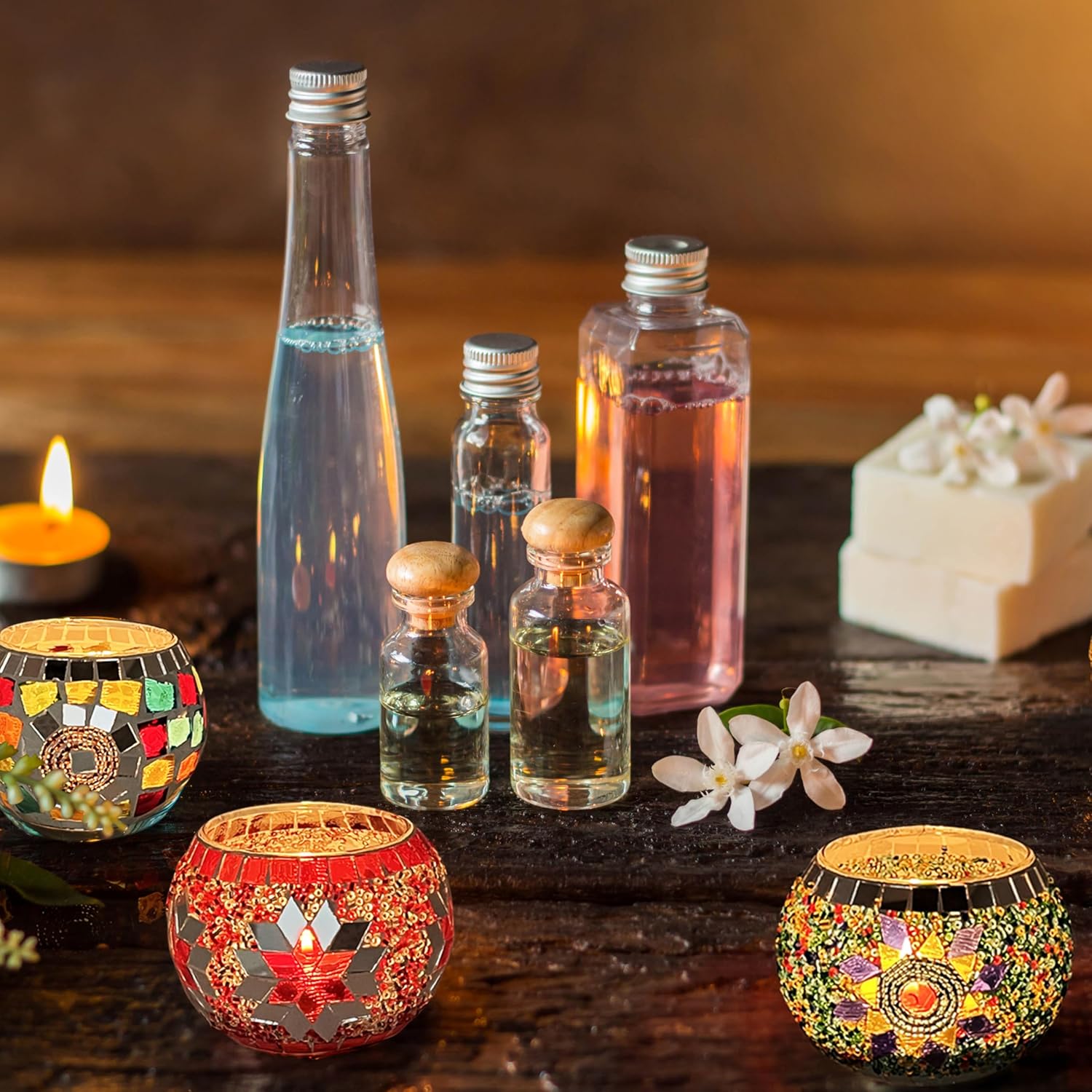 SHMILMH Glass Candle Holders - Handmade Mosaic Votive Set of 4 | Perfect for Diwali & Christmas Table Decor