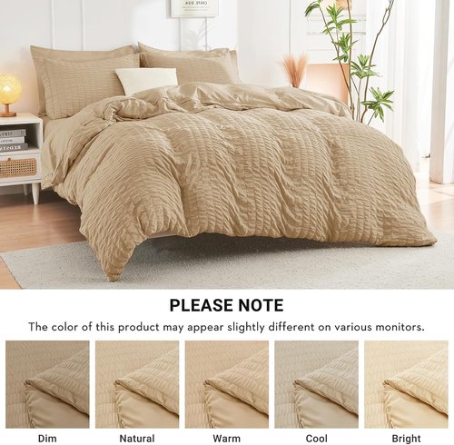 HYMOKEGE Comforter Set - Luxurious 7-Piece All-Season Bedding in Khaki | Soft Seersucker Design