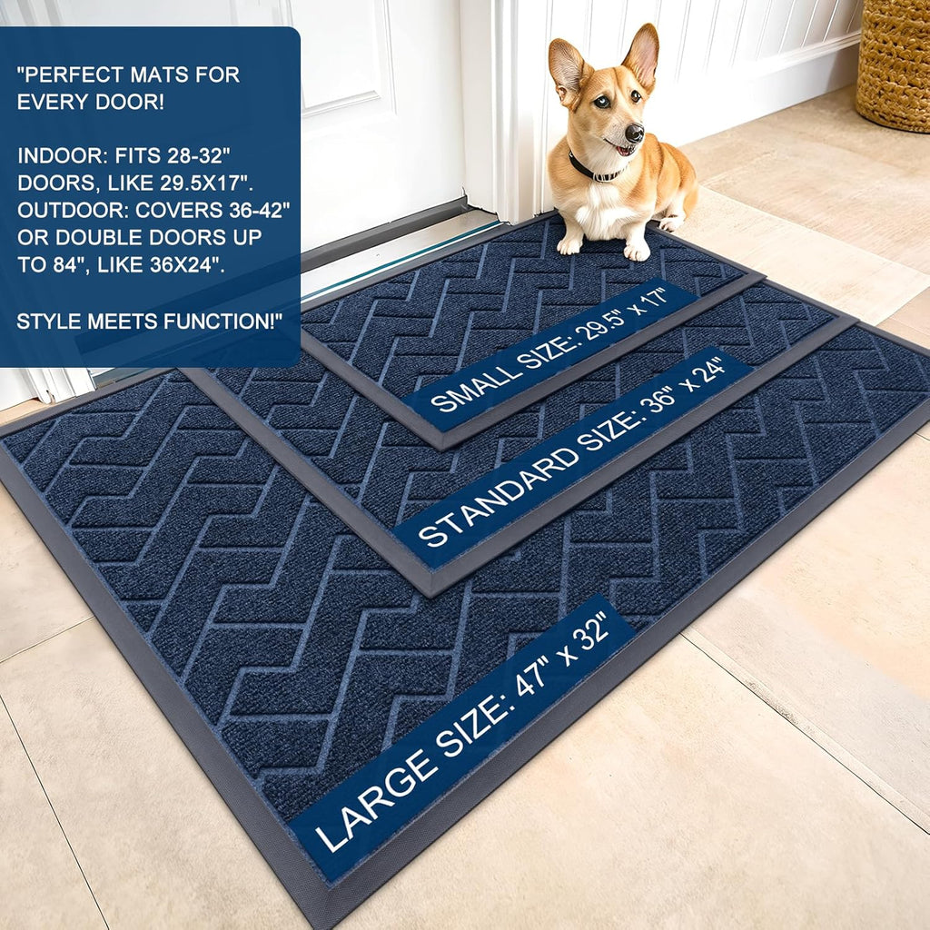 OLANLY Waterproof All-Season Front Door Mat - Sturdy Natural Rubber, Low Profile, Herringbone Brick (Blue, 47x17)