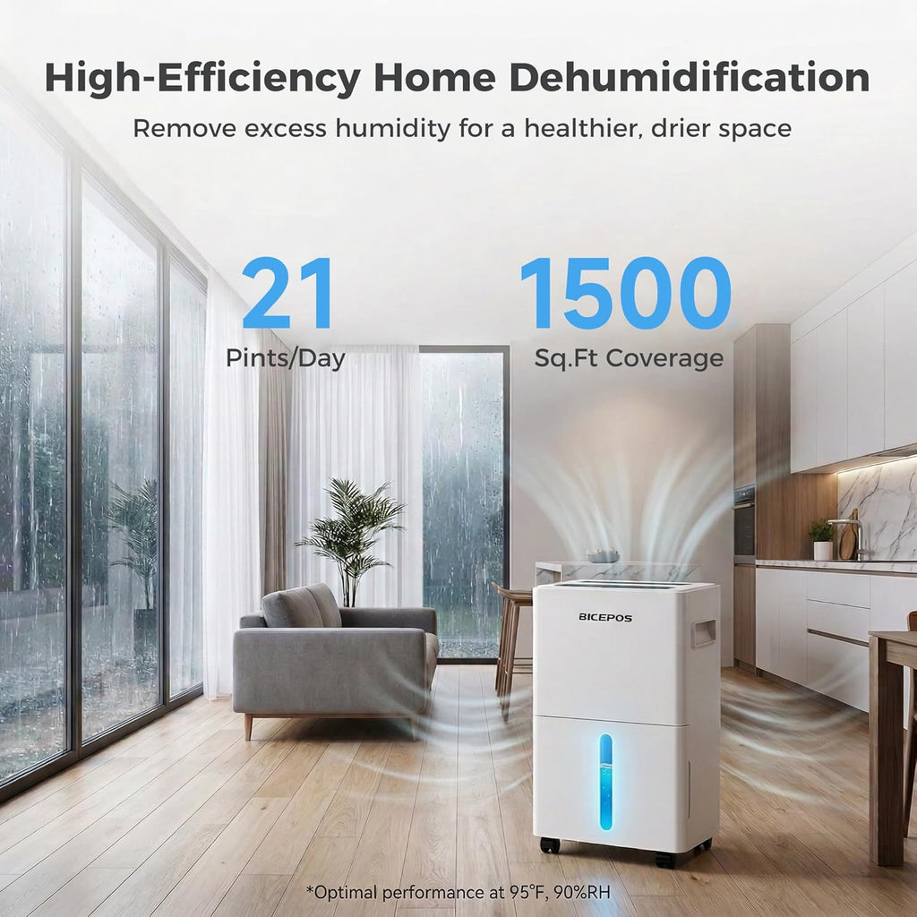 Skiennix 1500 Sq.Ft Dehumidifier - 21 Pints for Home, Auto Defrost & Intelligent Humidity Control