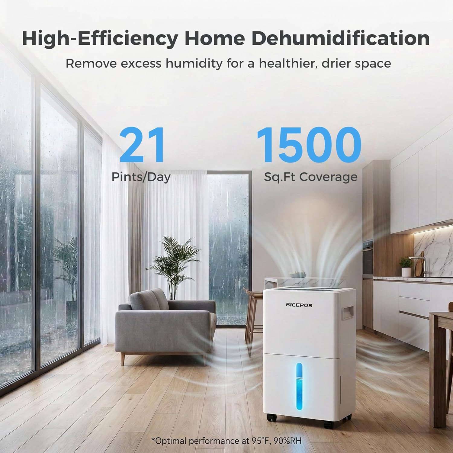 Skiennix 1500 Sq.Ft Dehumidifier - 21 Pints for Home, Auto Defrost & Intelligent Humidity Control