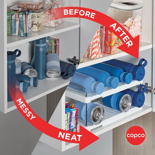 Copco Adjustable Reusable Bottle Organizer - Expandable Storage Solution for Travel Mugs, Thermoses, and Water Bottles, White