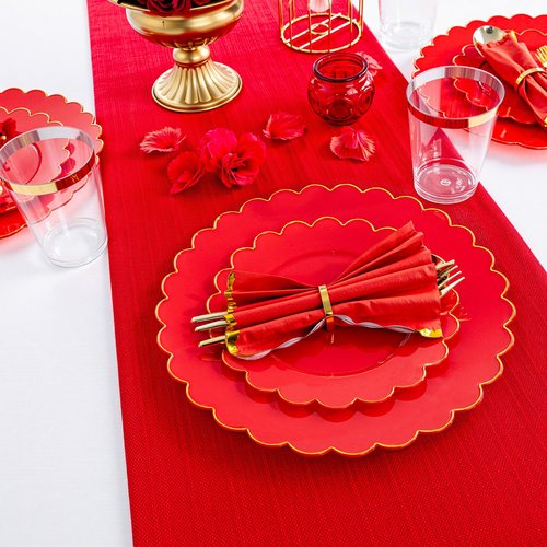 LIYH 210 Pcs Red Plastic Plates - Red Disposable Plates and Napkins Set, Gold Scalloped Plastic Plate Include Dinner & Dessert Plate, Silverware, Cups for Valentine's Day 30 Guests