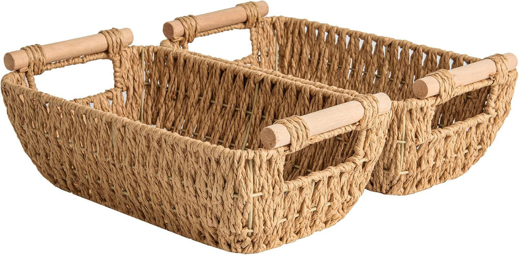 StorageWorks Small Hand-Woven Wicker Baskets - Round Paper Rope with Wooden Handles, Light Brown | 2-Pack