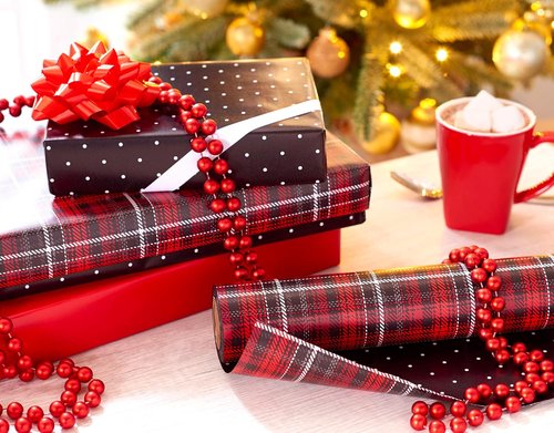 American Greetings Jumbo Reversible Christmas Wrapping Paper - Red & Black Polka Dots | 175 sq. ft. Roll (30 in. x 70 ft.)
