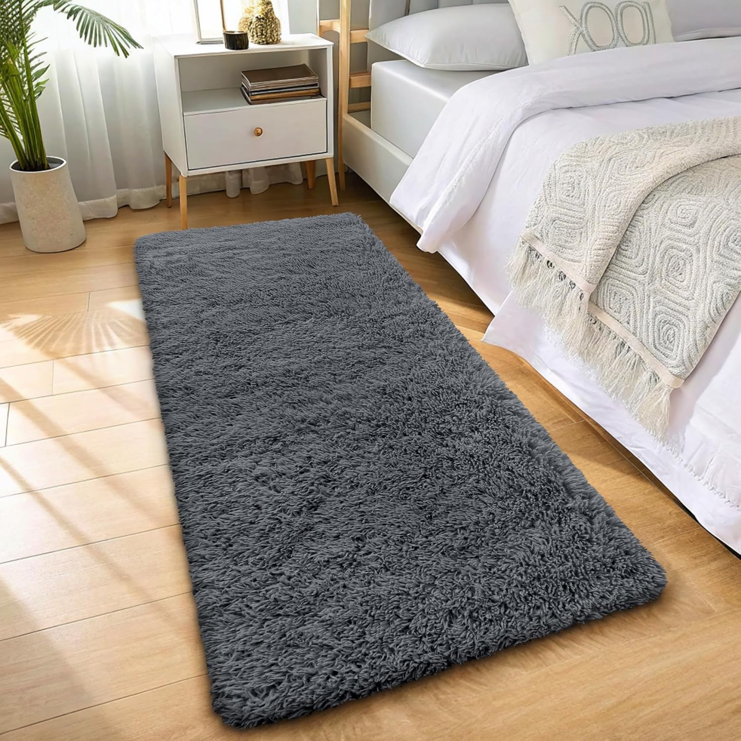 OLANLY Runner Rugs - Soft, Machine Washable Shaggy Carpet for Hallway & Bedroom | Grey 2x12 ft