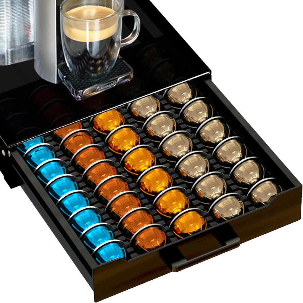 Nespresso Vertuo Pod Holder - Deluxe Black Tempered Glass Top | Compact Design Holds 75 Small Pods