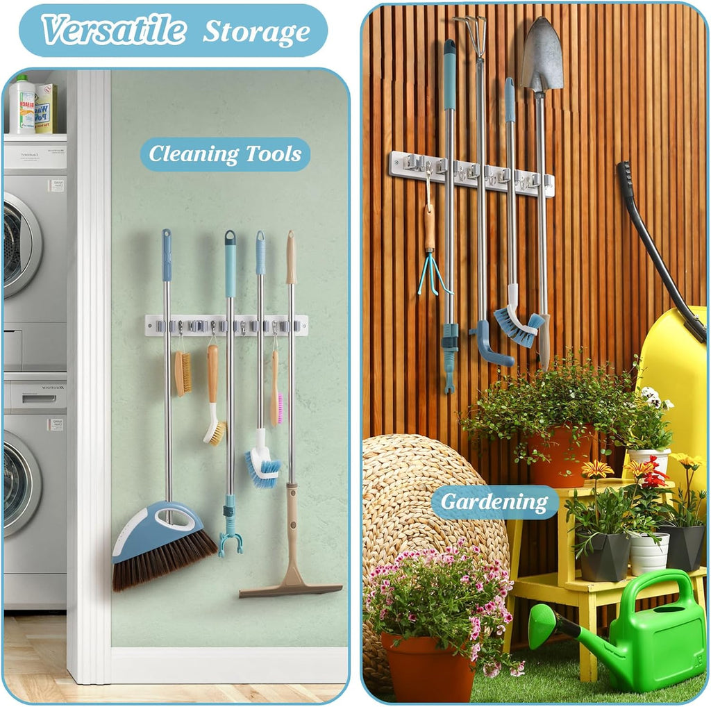White Broom Holder Wall Mount - Heavy-Duty Wood Organizer with 5 Slots & 4 Hooks | Ideal for Laundry, Kitchen & Garage Storage