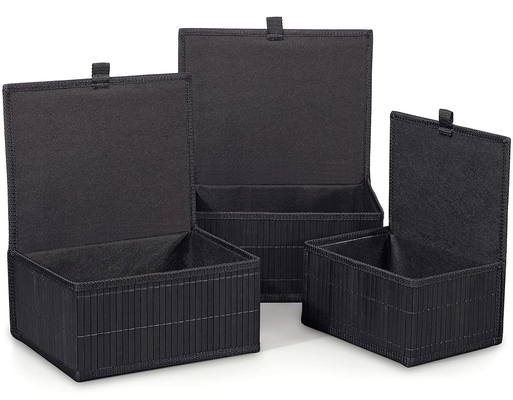 Honygebia Bamboo Decorative Storage Boxes - Set of 3 Woven Lined Storage Basket with Lids, Black Wicker Lidded Baskets for Home Kitchen Shelf Organizer Decor
