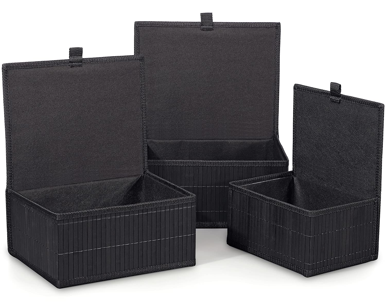 Honygebia Bamboo Decorative Storage Boxes - Set of 3 Woven Lined Storage Basket with Lids, Black Wicker Lidded Baskets for Home Kitchen Shelf Organizer Decor