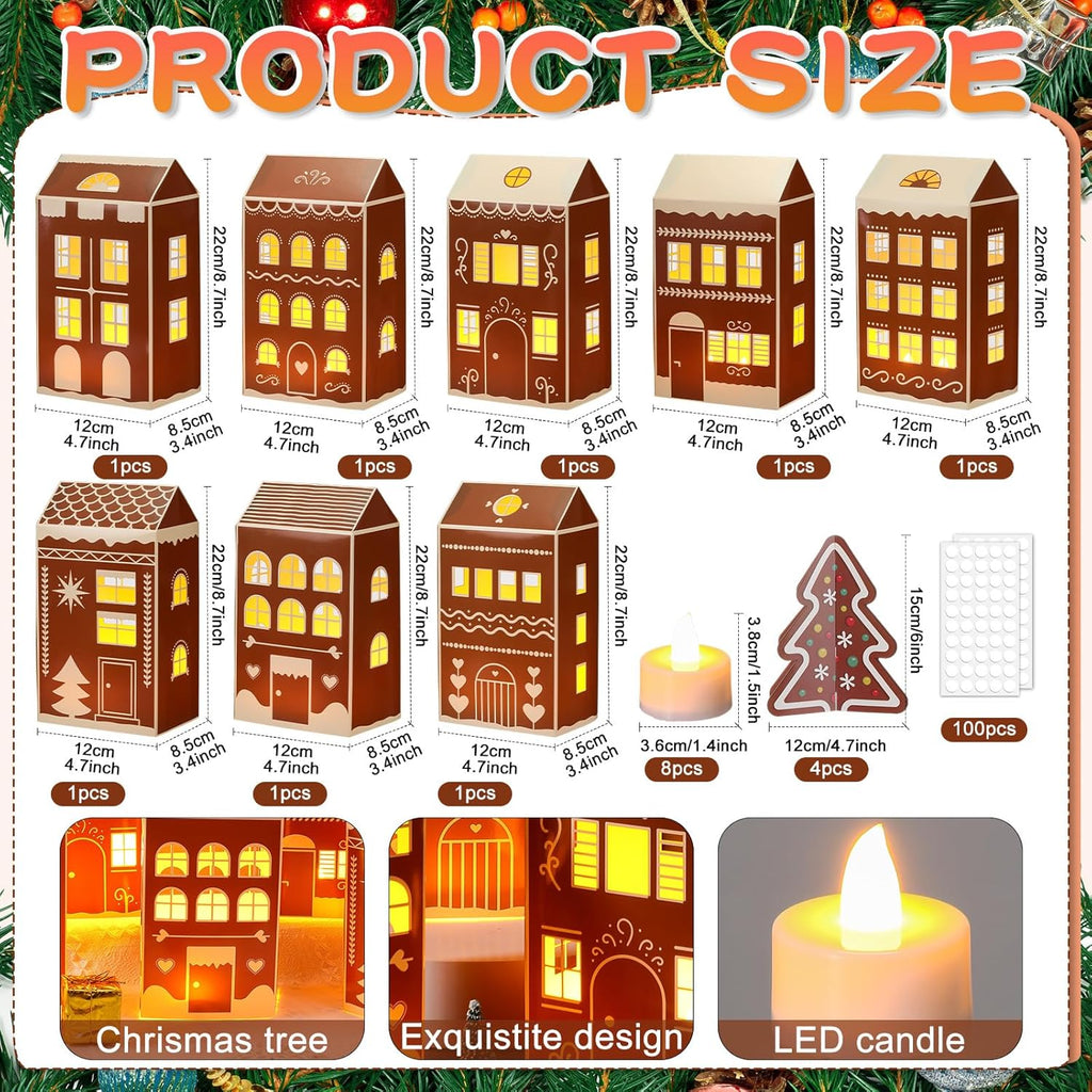 Reallnaive 20 Pcs Large 8" Christmas Cardboard Village Houses Set - DIY LED Candle Decor | Gingerbread Brown