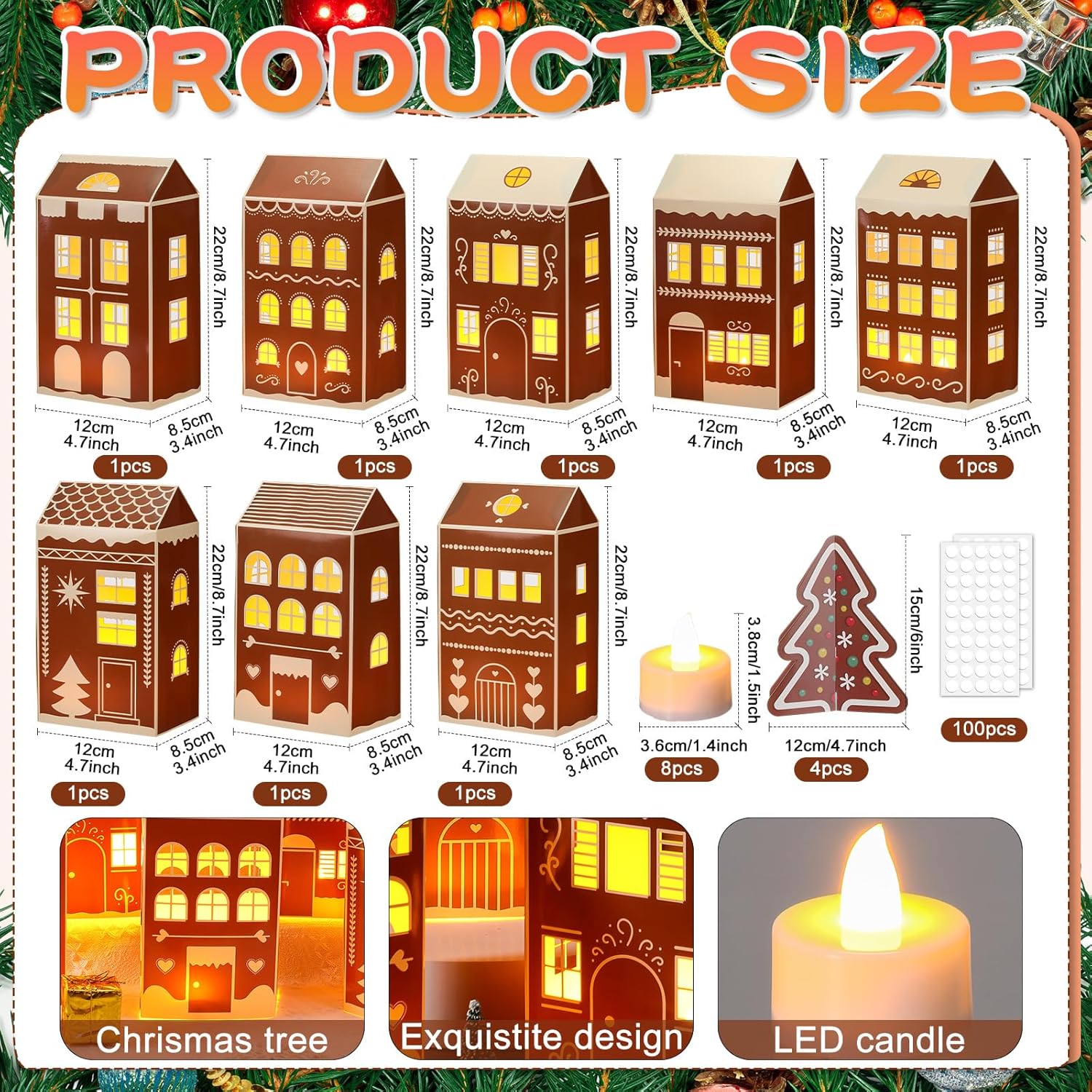 Reallnaive 20 Pcs Large 8" Christmas Cardboard Village Houses Set - DIY LED Candle Decor | Gingerbread Brown