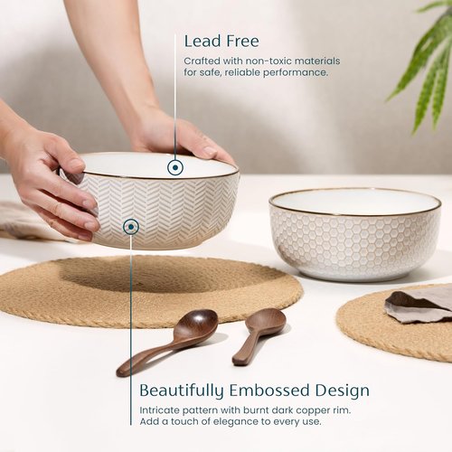 KooK Ceramic Salad Bowls - Embossed Large Serving Bowls for Pasta & Soup | Microwave & Dishwasher Safe, Cream with Dark Copper Accents, Set of 2, 60 oz