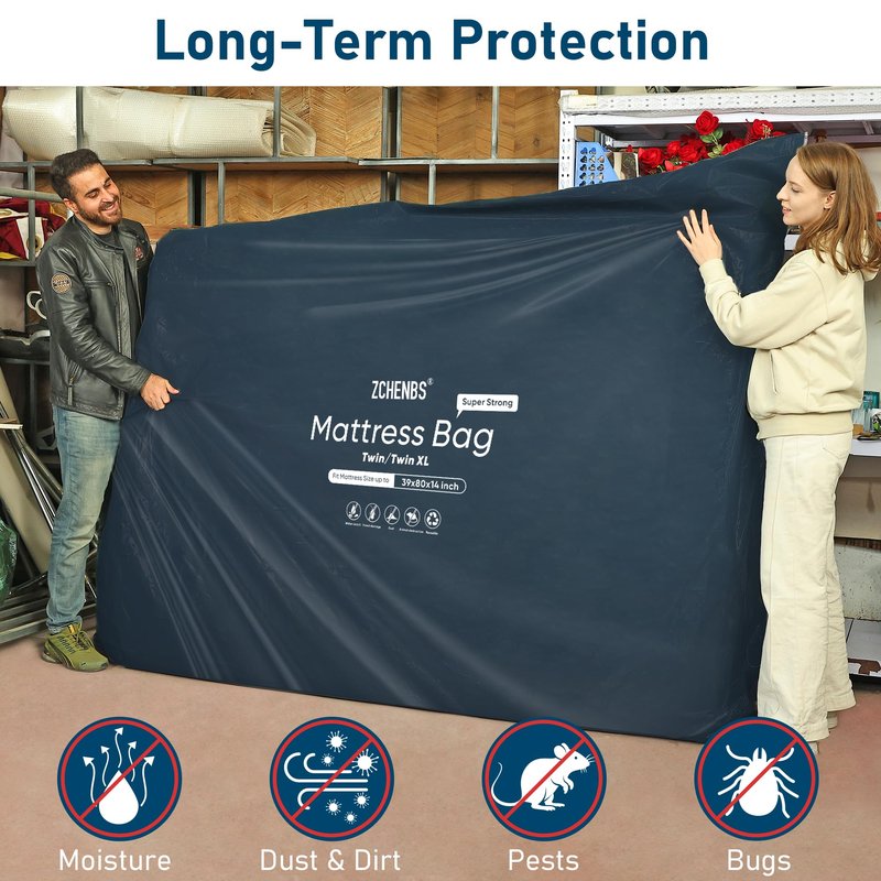 ZCHENBS® - Twin/Twin XL Mattress Bags for Moving, Waterproof Mattress Storage Bag with Zipper, Heavy-Duty 5 Mil Ultra-Thick Bed Protector Cover for Moving, Reusable (Solid/Black, 2 Pack)