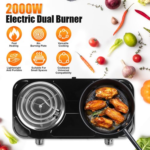 TeqHome Double Hot Plate, 2000W Portable Countertop Burner & Electric Stove, 5-Level Temp Cast Iron Double Burner Cooktop for Home/RV/Camping (Black)