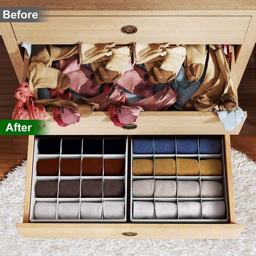 Homsorout Sock Organizers - Large Foldable Dresser Drawer Storage for Men's Socks & Ties | 4-Pack (Grey)
