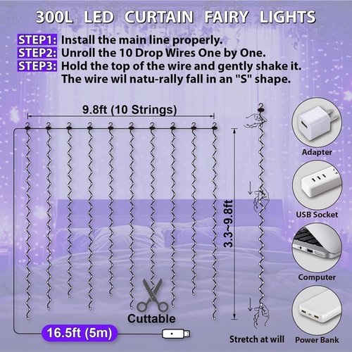 HXWEIYE 300LED Fairy Curtain Lights - 9.8x9.8Ft USB Plug-In with Remote | 8 Modes for Bedroom & Wedding Decor, Purple
