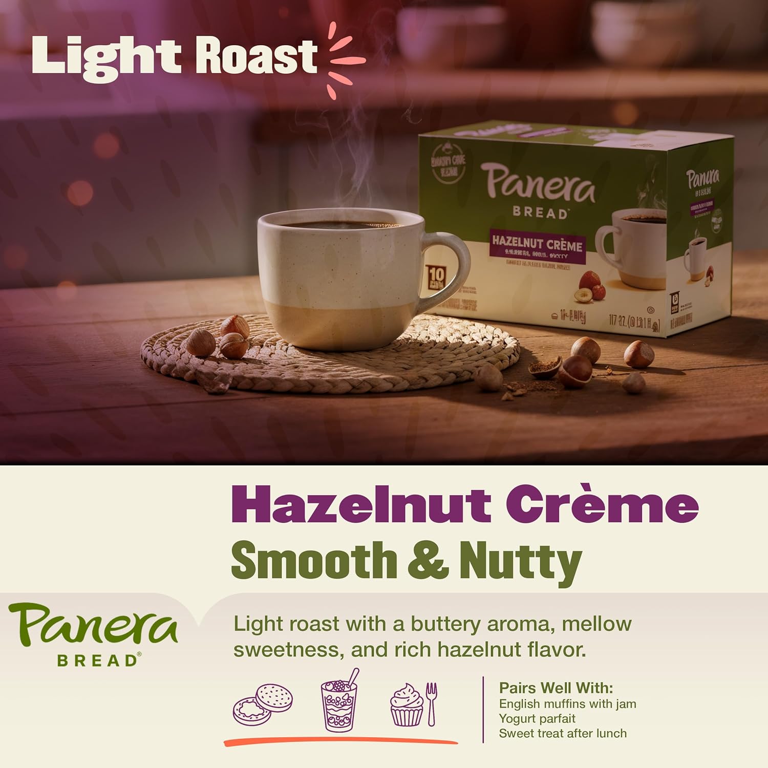 Panera Bread Hazelnut Crème Light Roast Coffee - Smooth Buttery Flavor, 100% Arabica, 60 Pods