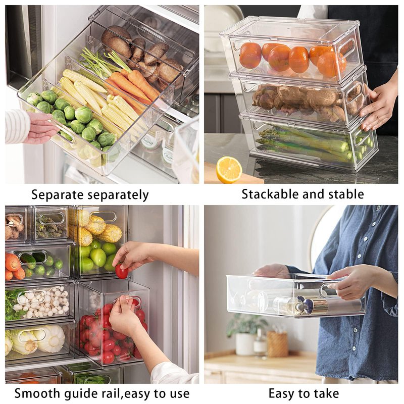 MANO Fridge Drawer Pull Out Stackable Bins with Handle Clear Refrigerator Drawers Organizer Food Storage Container Box with Dividers Plastic Produce Saver for Pantry, Cabinet, Kitchen, Clothes（4Pack）