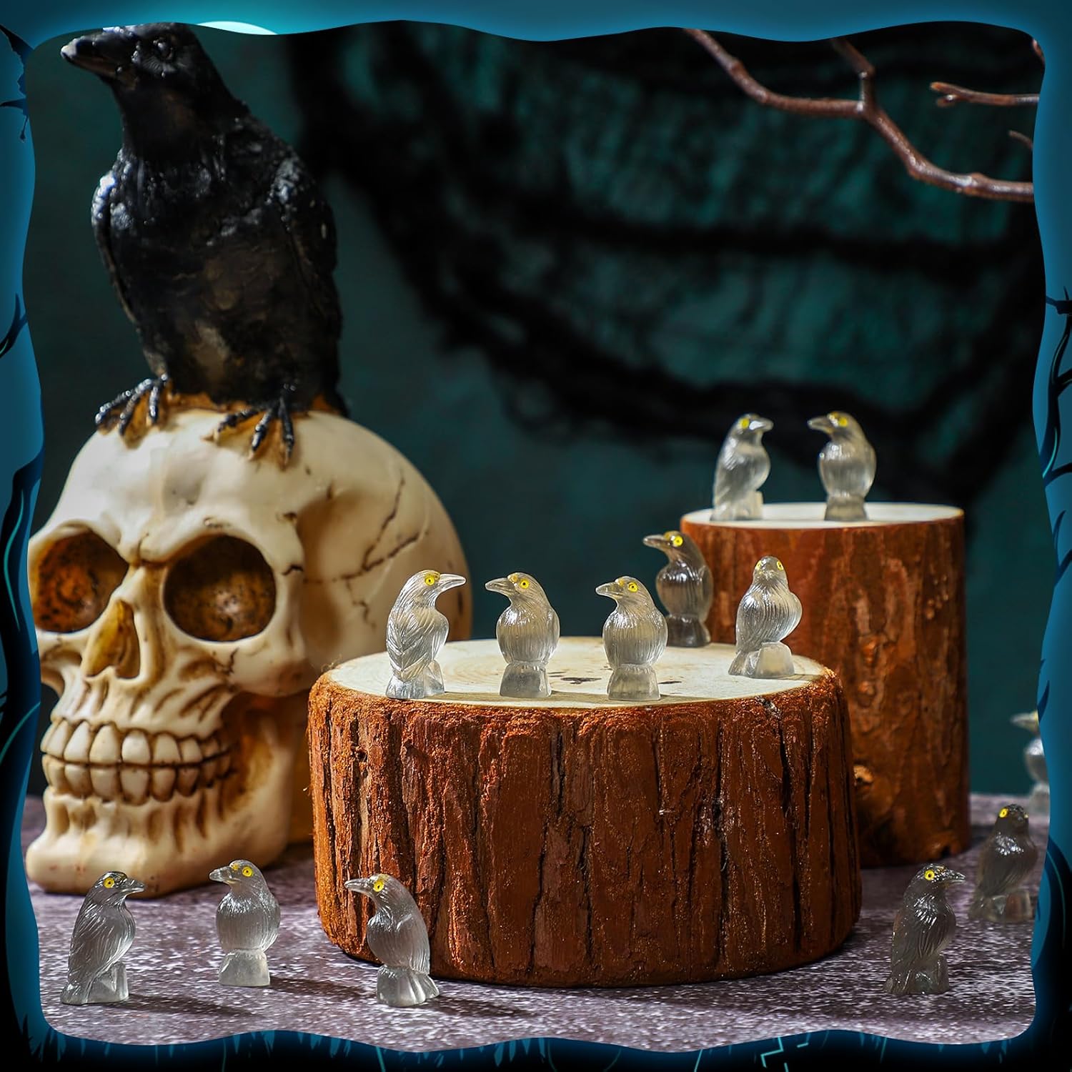 Skiennix Halloween Miniature Crows - Glow In The Dark Resin Figurines | 100 Pcs Spooky Decor