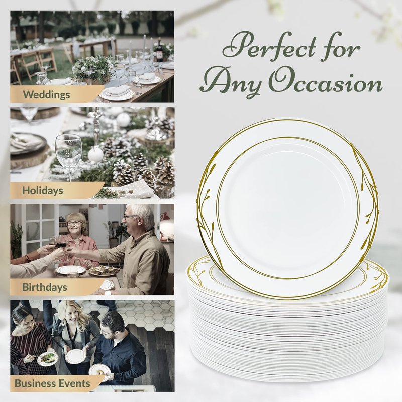 Reli. Disposable Plastic Plates, White & Gold Rim (110 Pcs, 10.25") | Hard Plastic Dinner Plate | Elegant, Heavy Duty Disposable Round Platters for Party, Wedding, Event, Christmas (Gold Trim)