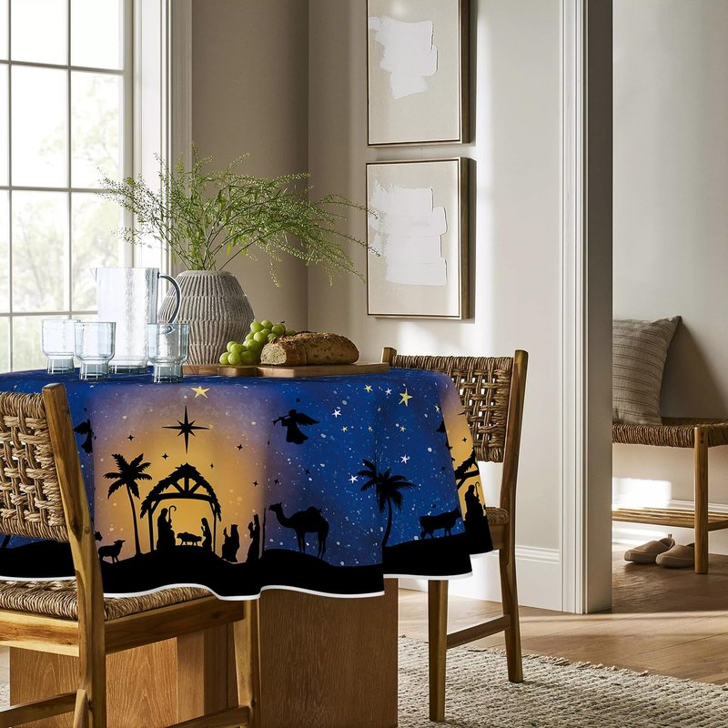 Horaldaily Christmas Tablecloth 90×90 Inch Round, Blue Holy Night Snow Washable Table Cover for Party Picnic Dinner Decor