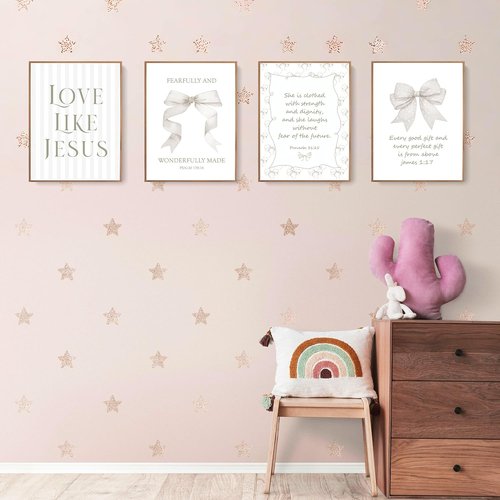 LARTSFRO Coquette Beige Bow Wall Art Decor - Inspirational Christian Posters for Teen Girls | 12x16 Inch Set of 4 (Unframed)
